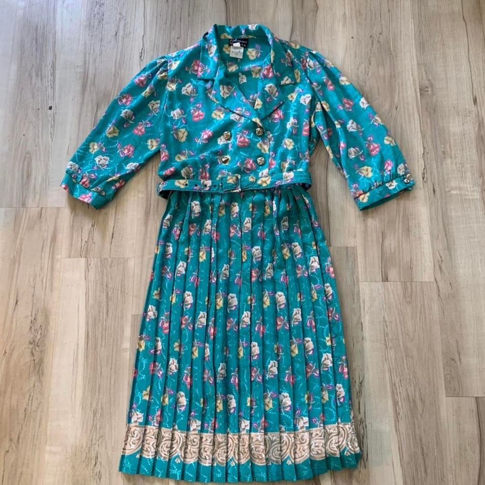 Vintage 1980s teal foral midi dress with pleated skirt size 12